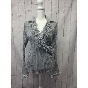 Heavy Red Ruffle Crinkle Blouse Bell Sleeve Button Up Y2K 90s Striped Sz L USA